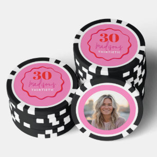 Custom Foto 30. Geburtstag Poker Chip Pink & Red