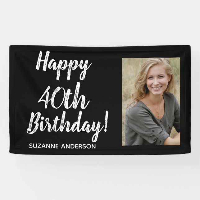 Custom Foto 40. Meilenstein Black Birthday Banner (Horizontal)