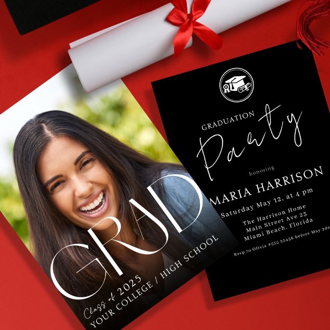 Custom Foto Abschluss White on Black Invasion Einladung (Von Creator hochgeladen)