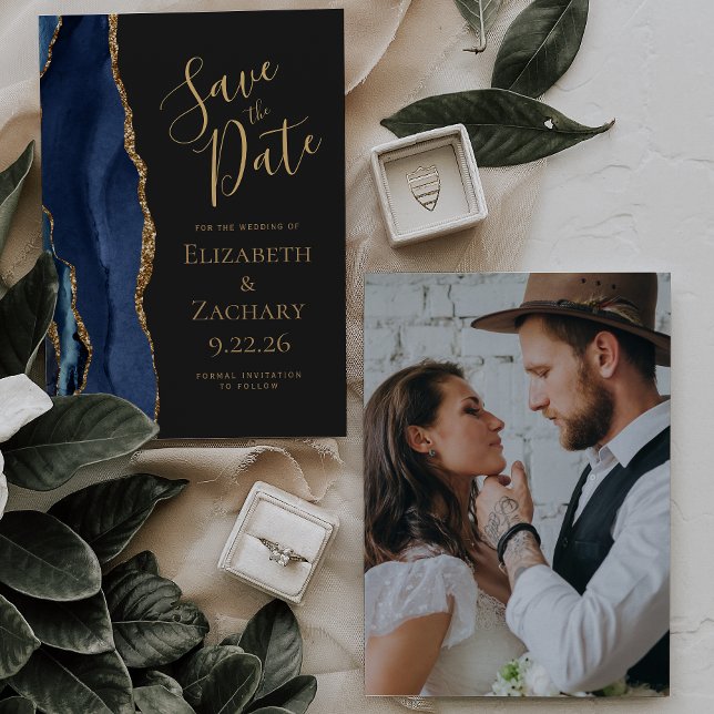 Custom Foto Agate Blue Gold Dark Save the Date Einladung (Von Creator hochgeladen)