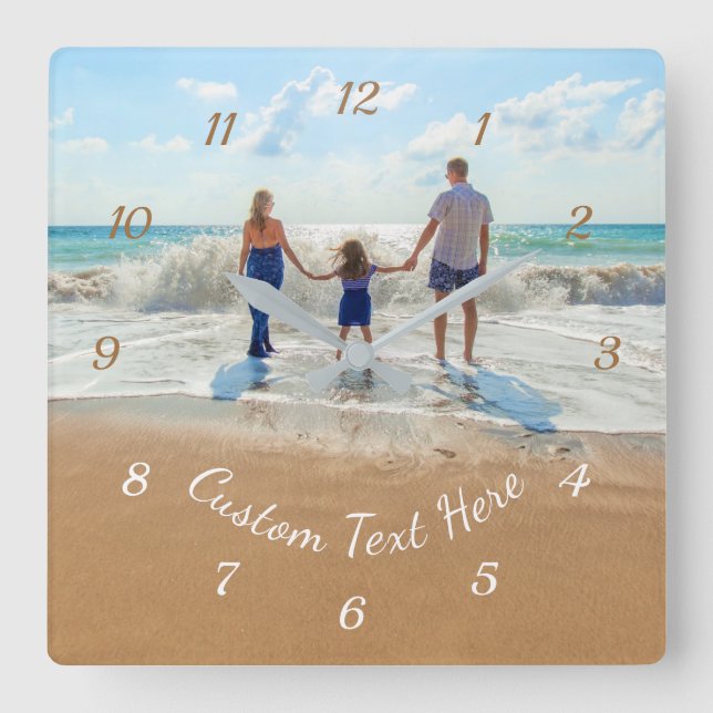Custom Foto and Text Wall Clock - Family Design Quadratische Wanduhr (Vorderseite)