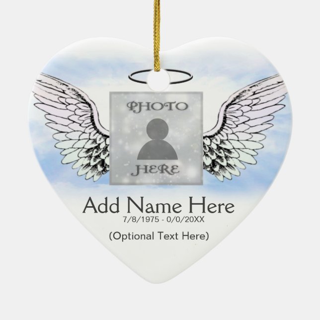Custom Foto Angel Wings and Heart Memorial Keramikornament (Hinten)