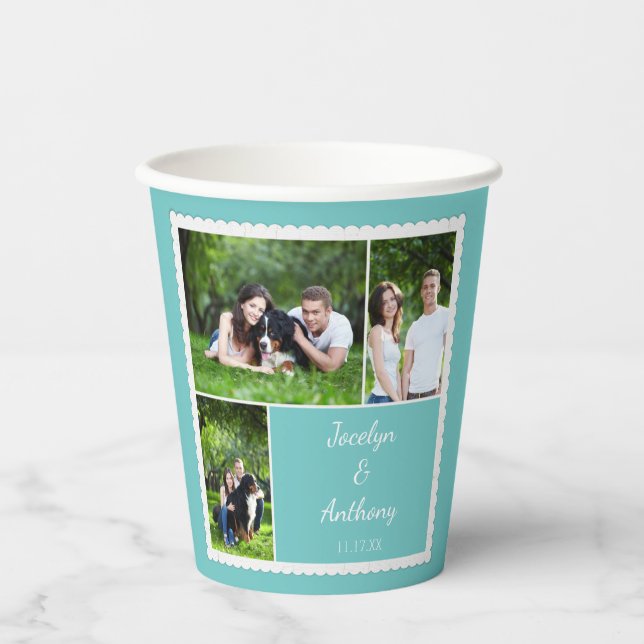 Custom Foto Aquamarin Blue and White Wedding Pappbecher (Vorderseite)
