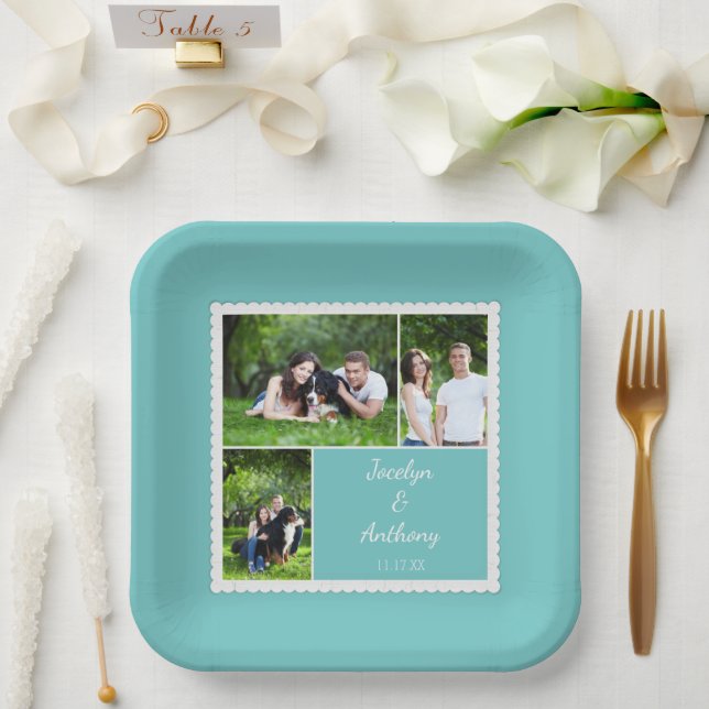 Custom Foto Aquamarin Blue and White Wedding Pappteller (Hochzeit)