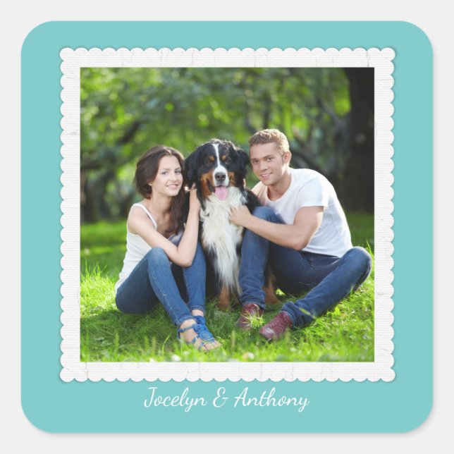 Custom Foto Aquamarin Blue and White Wedding Quadratischer Aufkleber (Vorderseite)