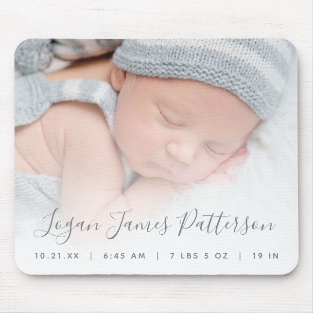 Custom Foto Baby Birth Stats Grau Script Mousepad (Vorne)