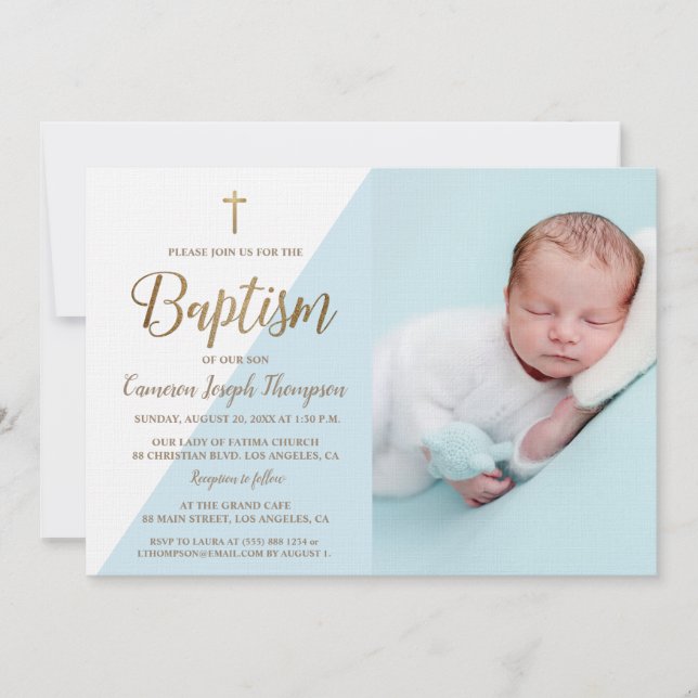 Custom Foto Baby Boy Taufe Gold Cross blau Einladung (Vorderseite)