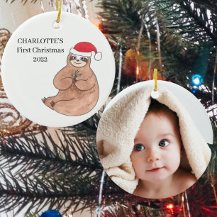 Custom Foto Baby Girl's First Christmas Sloth Keramik Ornament