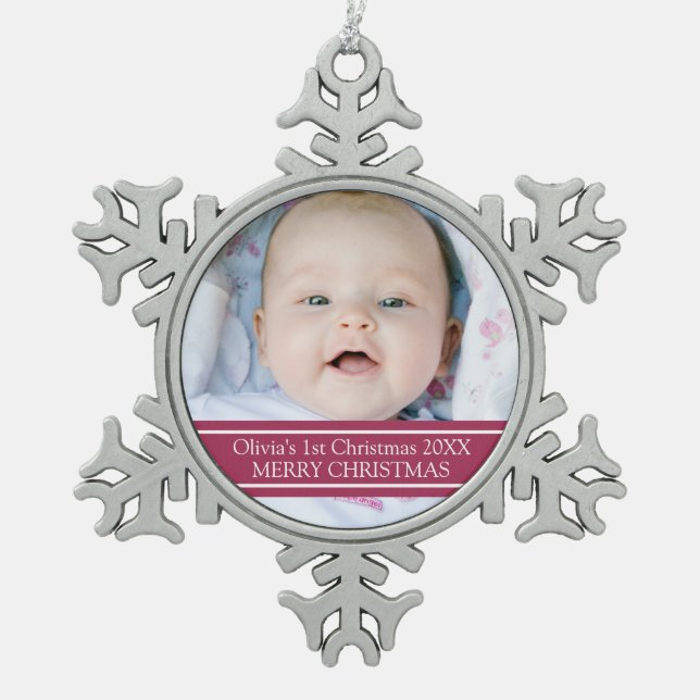 Custom Foto Baby's 1. Weihnachtsdekoration Schneeflocken Zinn-Ornament (Vorderseite)