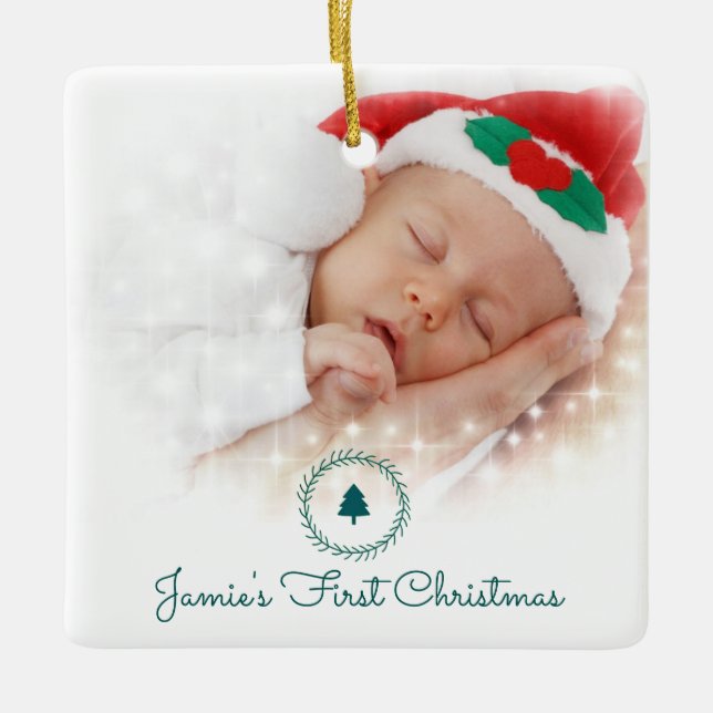 Custom Foto Baby's First Christmas Keramikornament (Vorderseite)