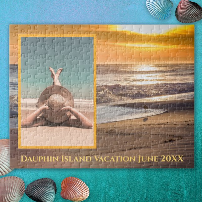 Custom Foto Beach Sunset Vacation Erinnerungen Puzzle (Vacation Memory Beach Sunset with Family Photo Jigsaw Puzzle)