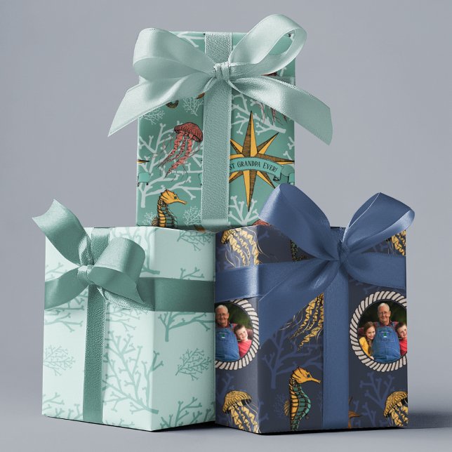 Custom Foto Best Opa Ever Sea Life Nautic Geschenkpapier Set (Nautical Ocean Animals Hand-drawn Sea Life and Coral in black ink. Upload a photo & cutomize text!
)