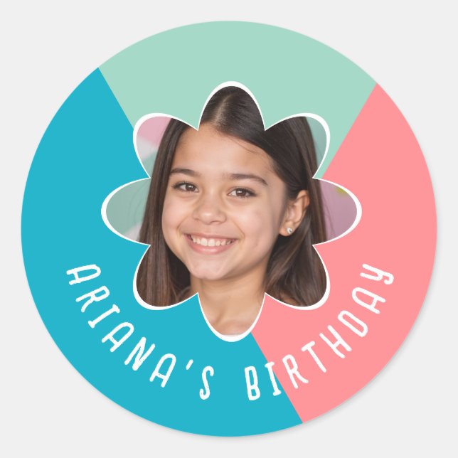 Custom Foto Birthday Party Blume Moderne Gunst Runder Aufkleber (Vorderseite)