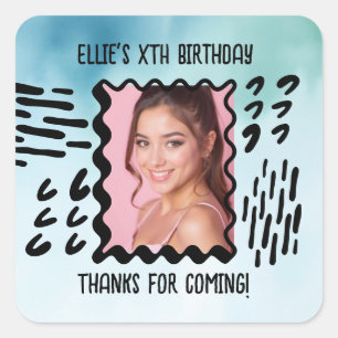 Custom Foto Birthday Sketchy Doodle Watercolor Quadratischer Aufkleber