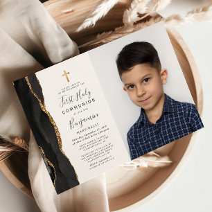 Custom Foto Black Agate Gold Erstkommunion Einladung