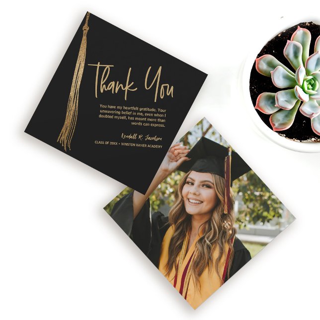 Custom Foto Black Gold Tassel Einzigartiger Abschl Dankeskarte (Unique, creative Black gold tassel graduation photo thank you card.)