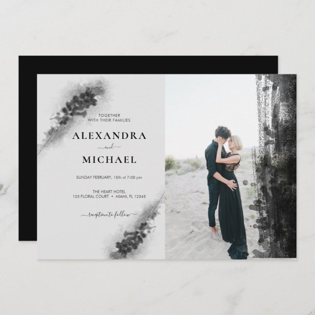 Custom Foto Black Lavander Floral Wedding Einladung (Vorne/Hinten)