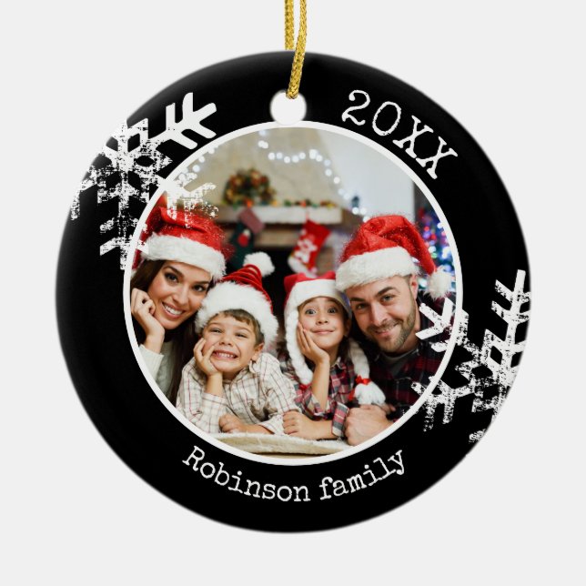 Custom Foto Black Snowflake Circle Ornament (Vorne)