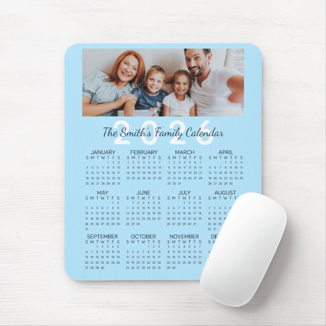 Custom Foto Blue 2026 Family Calendar Mousepad (Mit Mouse)