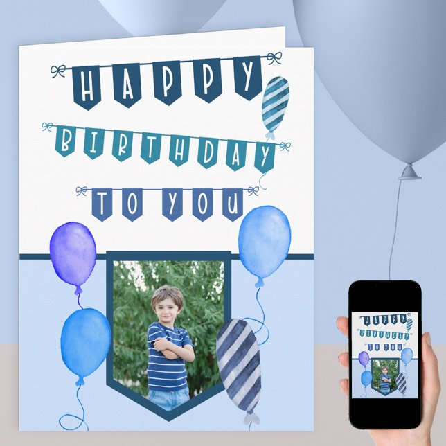 Custom Foto Blue Bunting und Balloons Geburtstag Karte (Von Creator hochgeladen)