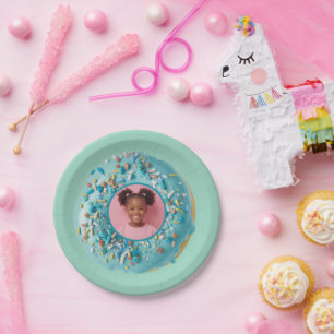 Custom Foto Blue Donut Sprinkles Geburtstagsparty Pappteller