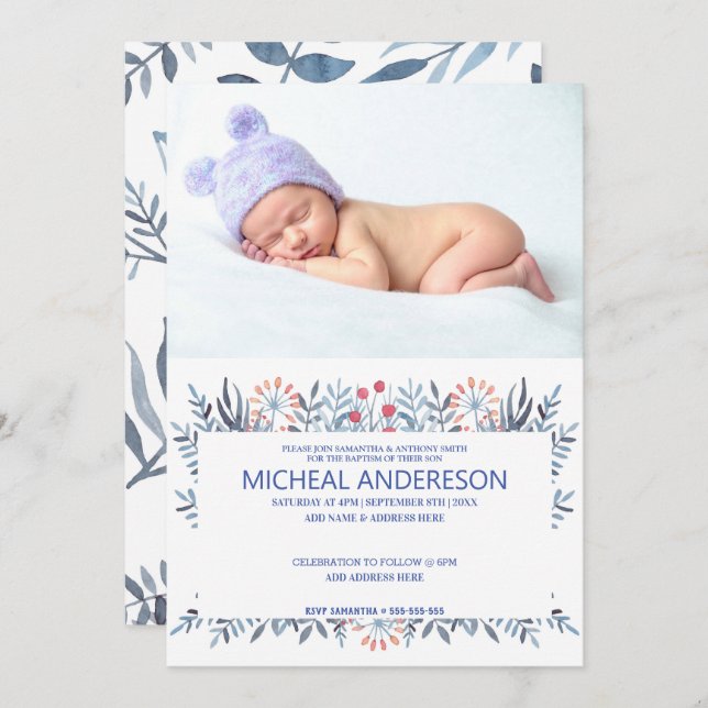 Custom Foto Blue Floral Baptisse Einladung (Vorne/Hinten)