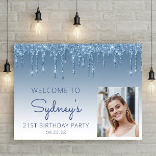 Custom Foto Blue Glitzer 21. Geburtstag Willkommen Poster