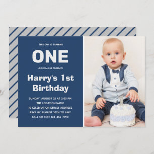 Custom Foto Blue Gray   Junge 1. Geburtstag Einladung