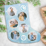Custom Foto Blue Kleiner Weihnachtsstrumpf<br><div class="desc">Dekorieren Sie Ihre Zuhause und verwöhnen Sie Ihr Lieblingskind mit diesem niedlichen Foto-Collage und dem monogramm Weihnachtsfeier-Strumpf im Hintergrund eines blauen Glitzer. 12 Fotos, 6 auf jeder Seite, für alle Ihre Jahre Lieblings-Fotos und Erinnerungen. Sie können ein Foto machen, um jeden Monat des Jahres zu feiern, oder nur Ihre Lieblings-Fotos....</div>
