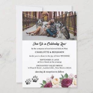 Custom Foto Burgundy Floral Dog Theme Hochzeit Einladung