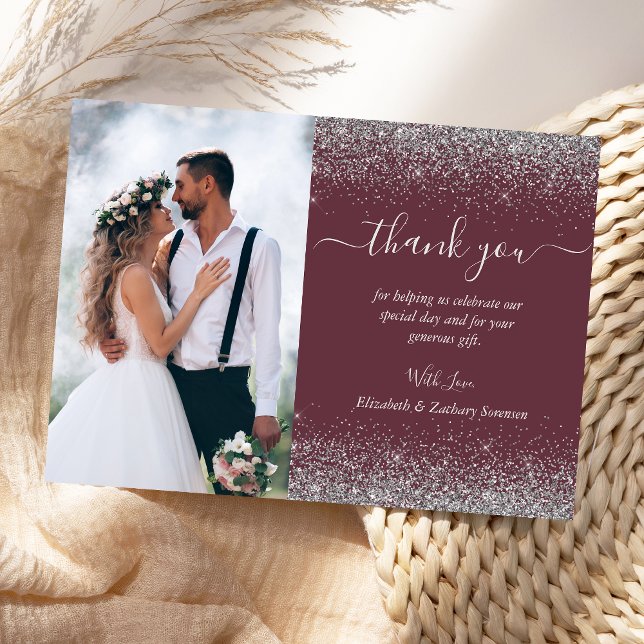 Custom Foto Burgundy Silver Glitzer Wedding Dankeskarte (Von Creator hochgeladen)