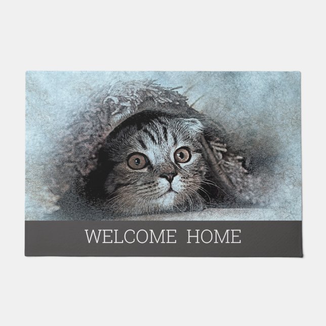 Custom Foto Cat Kitty Begrüßung Zuhause grau Fußmatte (Vorderseite)