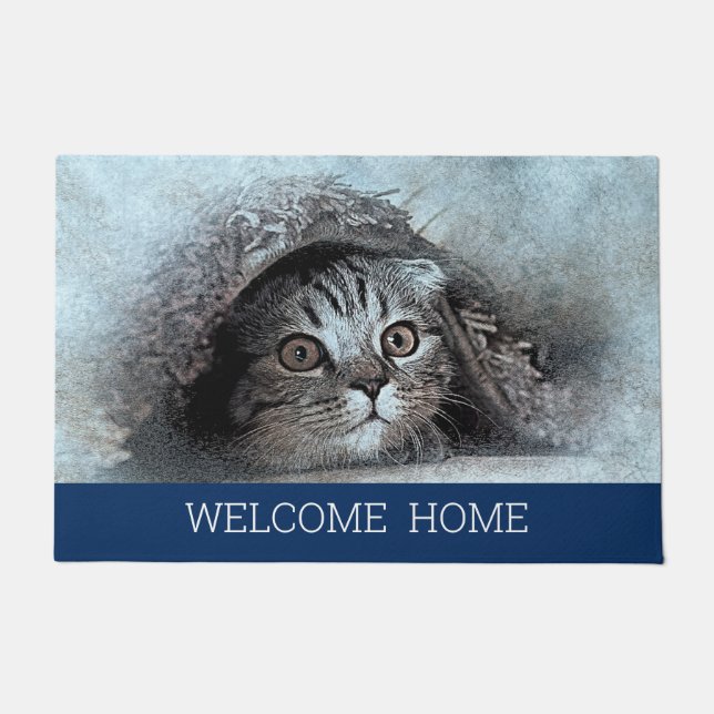 Custom Foto Cat Kitty Begrüßung Zuhause navy Blau Fußmatte (Vorderseite)