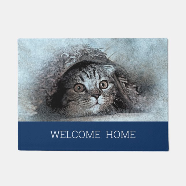 Custom Foto Cat Kitty Begrüßung Zuhause navy Blau Fußmatte (Vorderseite)