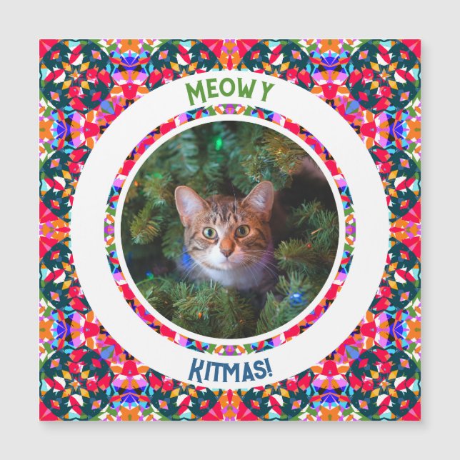 Custom Foto Christmas Cat Vater Papa Colorful Card Magnetkarte (Vorderseite)