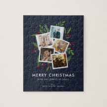 Custom Foto Christmas Collage Modern Holly Navy