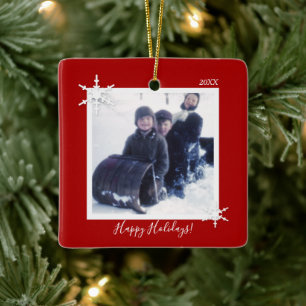 Custom Foto Christmas Red Snowflake Keramikornament