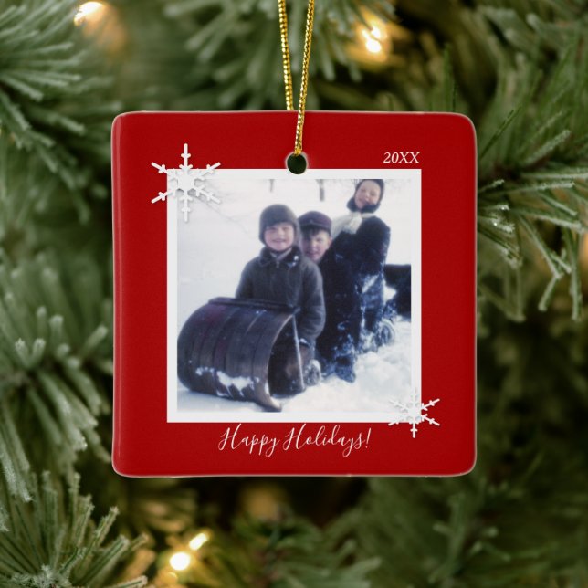 Custom Foto Christmas Red Snowflake Keramikornament (Baum)