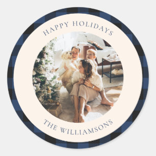 Custom Foto Classic Navy Black Buffalo Kariert Runder Aufkleber