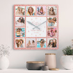 Custom Foto Collage Besties Blush Pink Glitzer Quadratische Wanduhr<br><div class="desc">Machen Sie diese trendige,  elegante,  weiße und rot rosa Imitate Glitzer Foto Collage Wanduhr einzigartig mit 12 Ihrer Lieblings-Fotos mit Ihrem besten Freund(en). Das Design enthält auch moderne handgeschriebene "Besties" Skripte,  Ihre Namen und das Datum,  an dem Sie sich kennengelernt haben.</div>