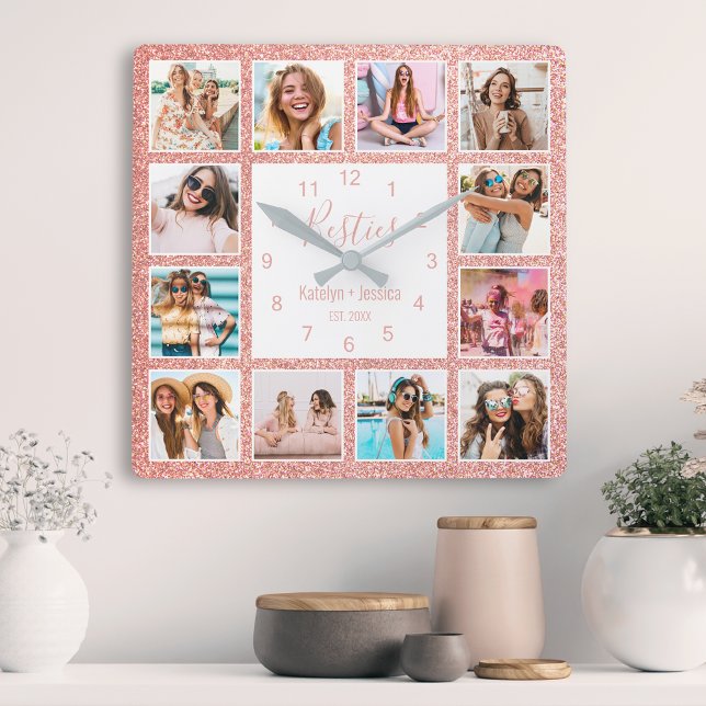 Custom Foto Collage Besties Blush Pink Glitzer Quadratische Wanduhr (Von Creator hochgeladen)