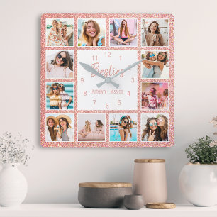 Custom Foto Collage Besties Blush Pink Glitzer Quadratische Wanduhr