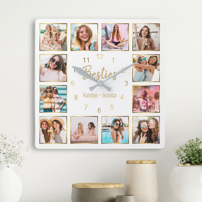 Custom Foto Collage Besties Gold White Quadratische Wanduhr (Von Creator hochgeladen)