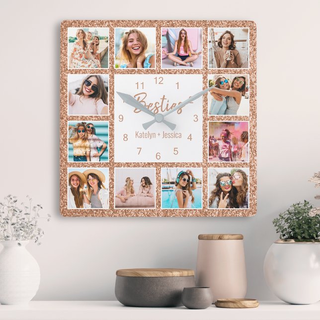 Custom Foto Collage Besties Rose Gold Glitzer Quadratische Wanduhr (Von Creator hochgeladen)
