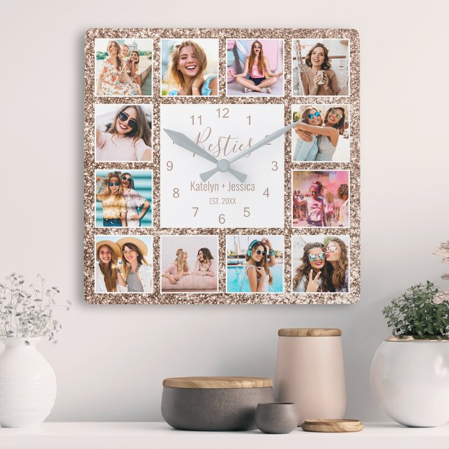 Custom Foto Collage Besties Rose Gold Glitzer Quadratische Wanduhr (Von Creator hochgeladen)
