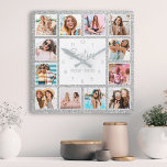 Custom Foto Collage Besties Silver Glitzer Quadratische Wanduhr<br><div class="desc">Machen Sie diese trendige elegante Glitzer Foto Collage Wanduhr mit 12 Ihrer Lieblings-Fotos mit Ihrem besten Freund(en) einzigartig. Das Design verfügt auch über ein modernes,  handgeschriebenes "Besties" Skript und Ihre Namen.</div>