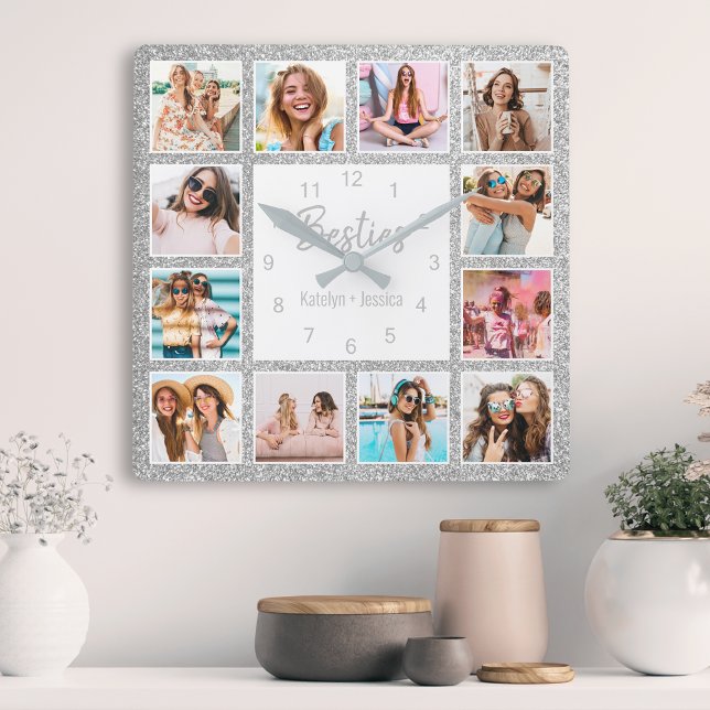 Custom Foto Collage Besties Silver Glitzer Quadratische Wanduhr (Von Creator hochgeladen)