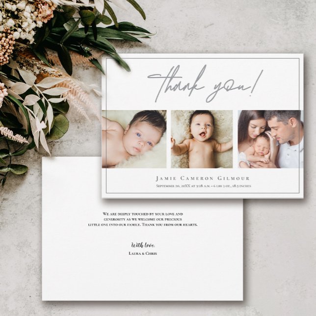 Custom Foto Collage Einfaches Script Baby Dankeskarte (Handlettering thank you script baby photos and birth stats.)
