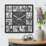 Custom Foto Collage Elegante Black Wood Familie Quadratische Wanduhr<br><div class="desc">Die elegante Wanduhr aus schwarzem Holz mit Ihren individuellen Fotos ist einfach zu personalisieren. Die Vorlage verwendet einen Schwarz-Weiß-Foto-Filter,  um einen besser koordinierten Look zu erstellen. Um die besten Ergebnisse zu erzielen,  schneiden Sie die Bilder vor dem Hochladen auf Quadrat - mit dem Fokuspunkt in der Mitte.</div>