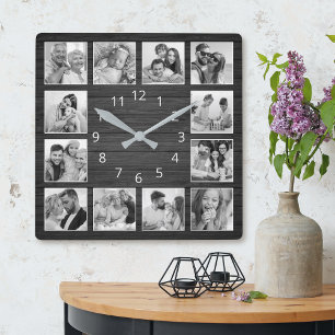 Custom Foto Collage Elegante Black Wood Familie Quadratische Wanduhr